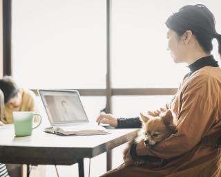 Asian mother holding the dog is attending online video meeting while her son and daughter are studying in the living room