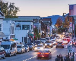 View of busy Main Street in downtown Lake Placid, NY, located in the North Country. 