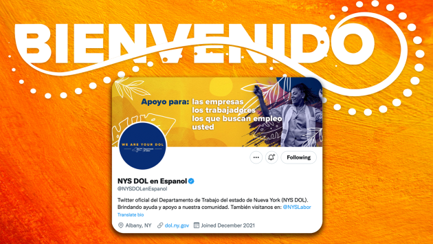 An orange-graded background image with white text reading 'Bienvenido'. Below this is a screenshot of the header and bio for the new Spanish language Twitter account.
